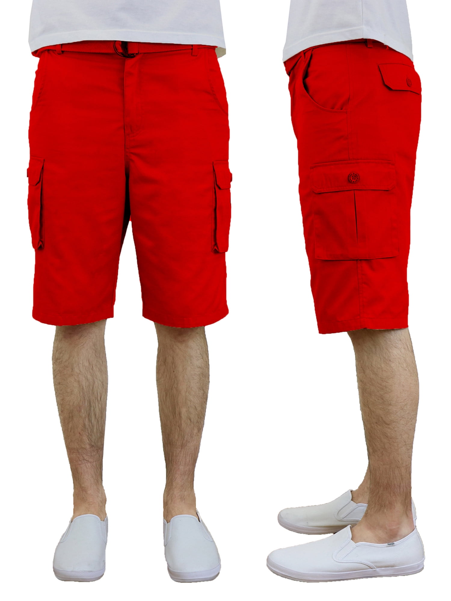 Mens Flat Front Belted Cotton Cargo Shorts