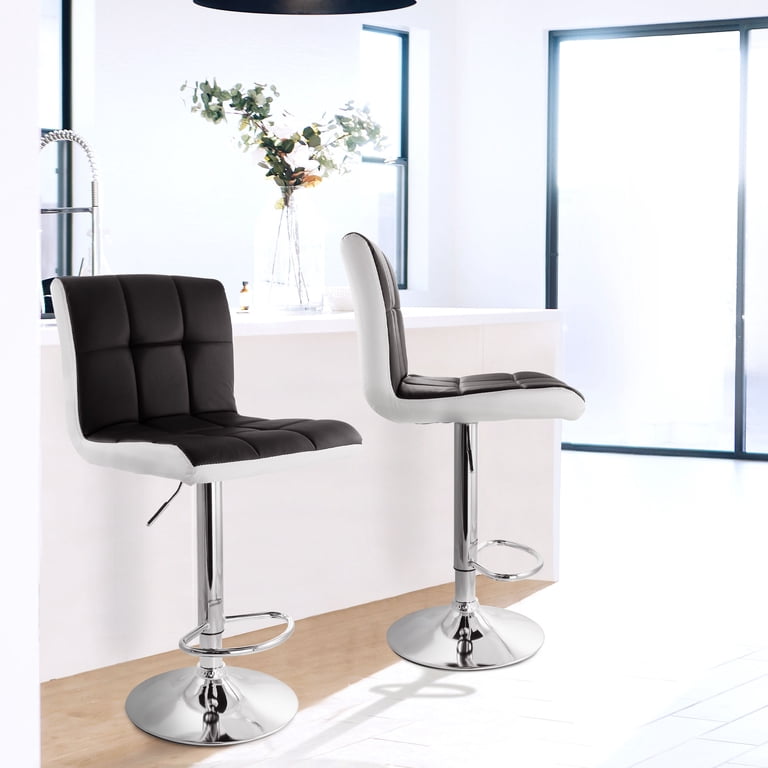 Elama Set Of 2 Modern Bar Stools - White Tufted Faux Leather Swivel Stools With Chrome Base
