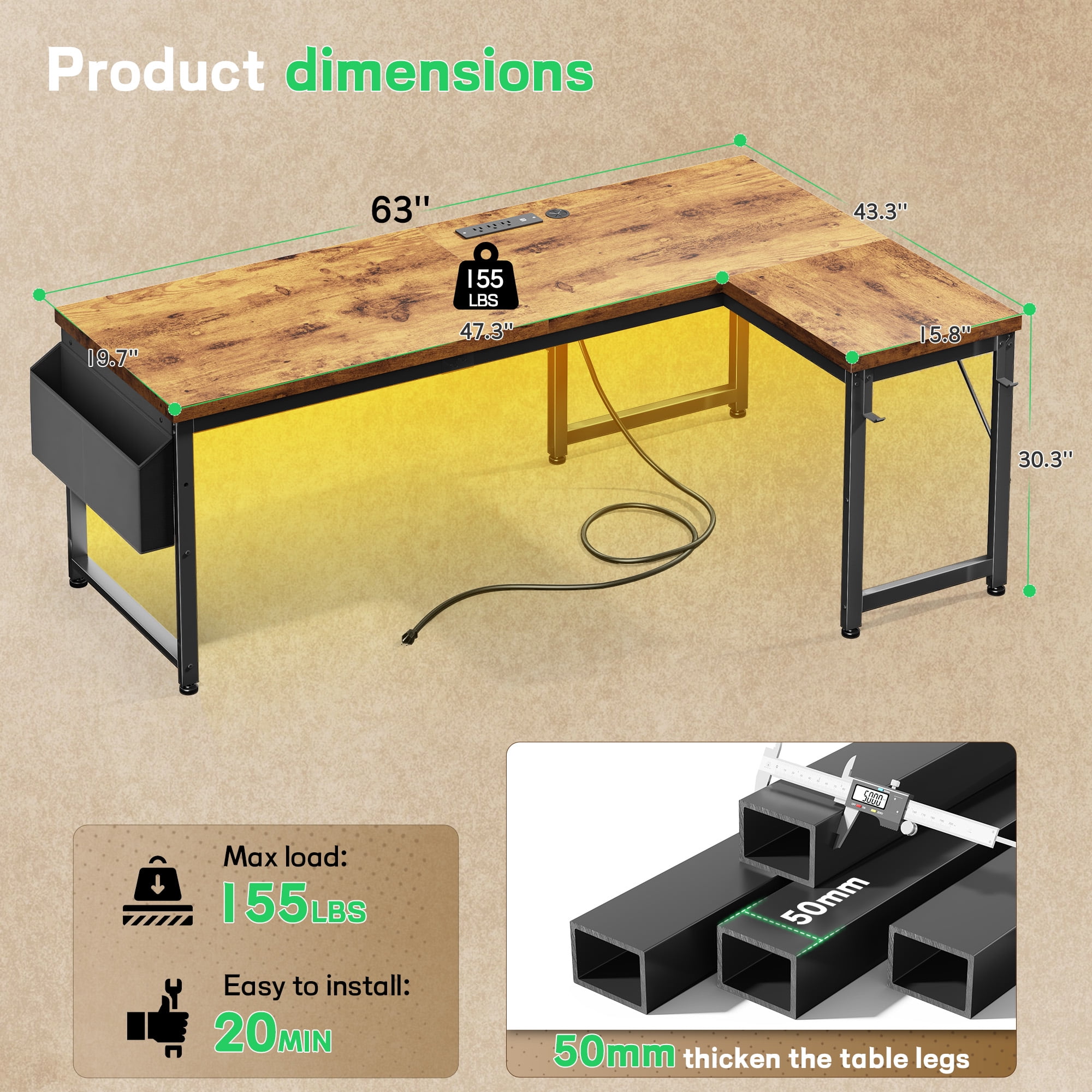 EnHomee Office Desk with Storage L-Shaped Desk with Outlets Gaming Desk with LED Lights for Bedroom,Rustic Brown
