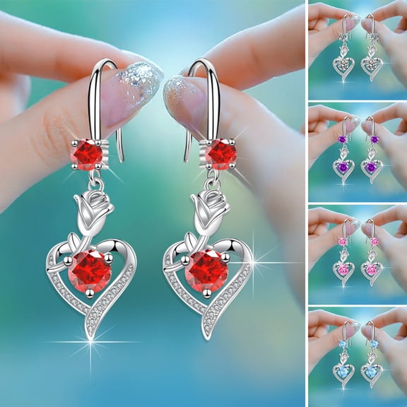 SmartBy 1 Pair Hoop Earrings Shining Cubic Zirconia Geometric High-end Pendant Dress Up Hypoallergenic Rose Flower Heart Dangle Earrings Fashion Jewelry