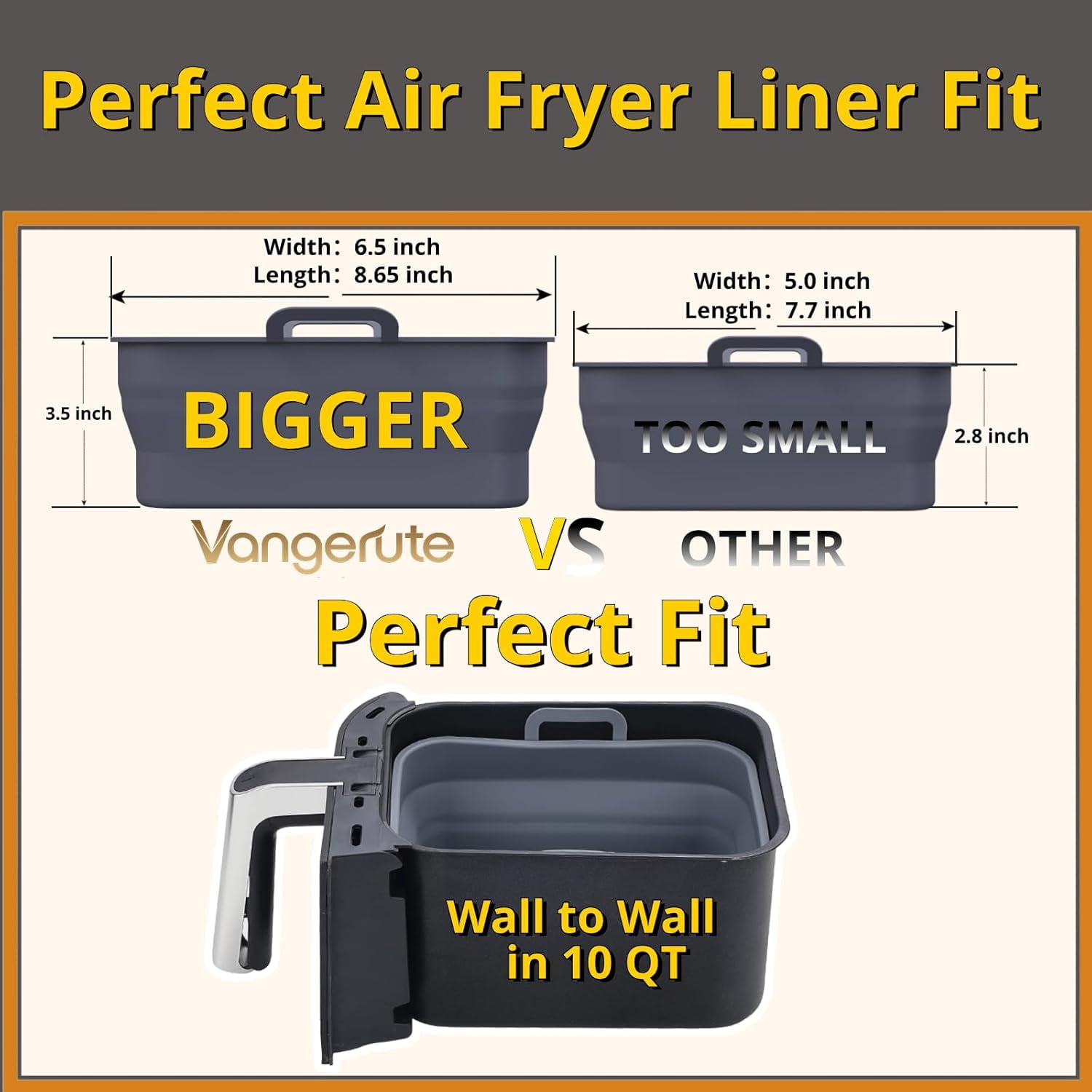 JJEAN-Collapsible 2-Pack Air Fryer Silicone Liners for 10QT NINJA Foodi Dual, Reusable Rectangular Silicone Basket Pot for Air Fryer Accessories (Gray)