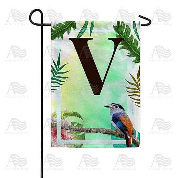 America Forever Tropical Summer Monogram Garden Flag Letter V 12.5 x 18 inches Palm Leaves Hibiscus Coastal Bird Double Sided Vertical Outdoor Yard Lawn Decorative Red Floral Garden Flag