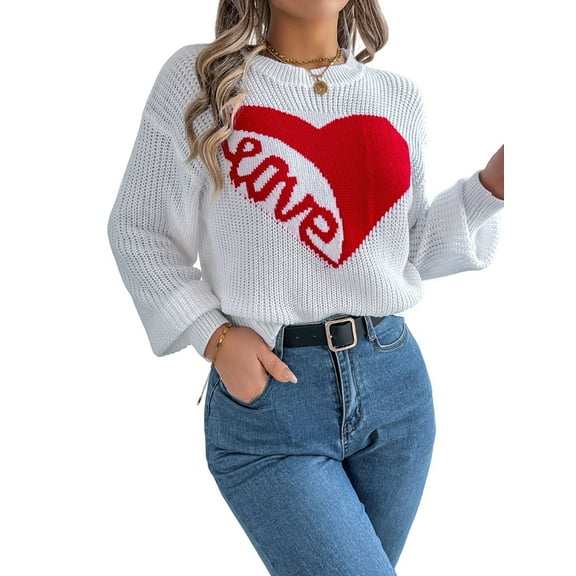 Valentine'S Day Sweater for Women Heart Woven Knitted Pullover Long Sleeve Woven Knitted Casual Sweater White S