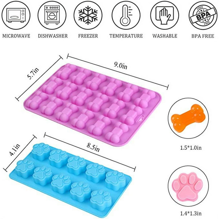 Blue Microphones 2 Pack Silicone Molds Puppy Dog Paw and Dog Bone Silicone Dog Treat Molds for Baking Chocolate,Candy,Jelly,Ice Cube,Dog Treats