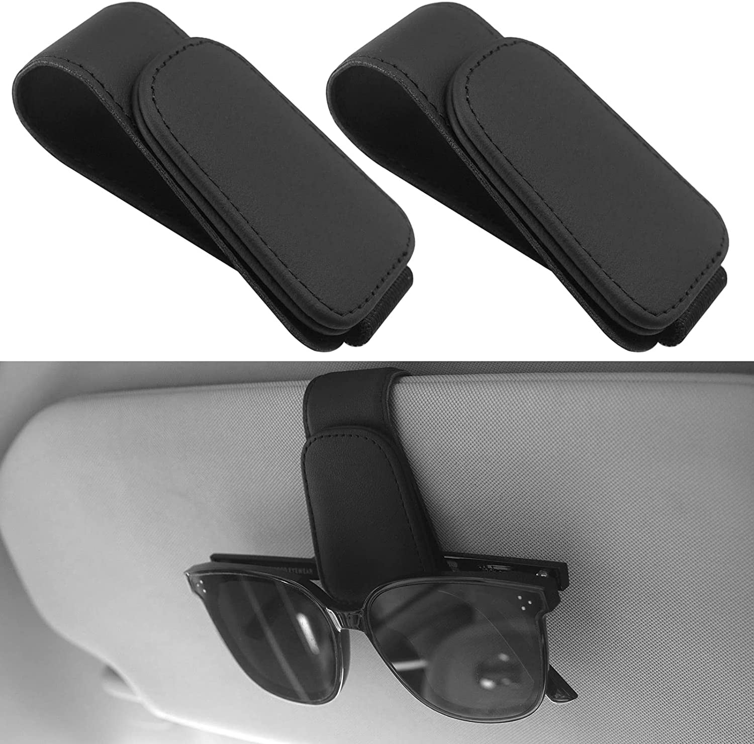 Sunglass Holder for Car Visor 2 Packs Leather Visor Sunglass Car Clip, Glasses Eyeglass