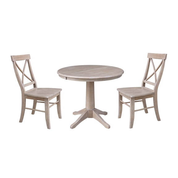 36" Round Dining Table with 12" Leaf and 2 X-back Chairs - Washed Gray Taupe - 3 Piece Set