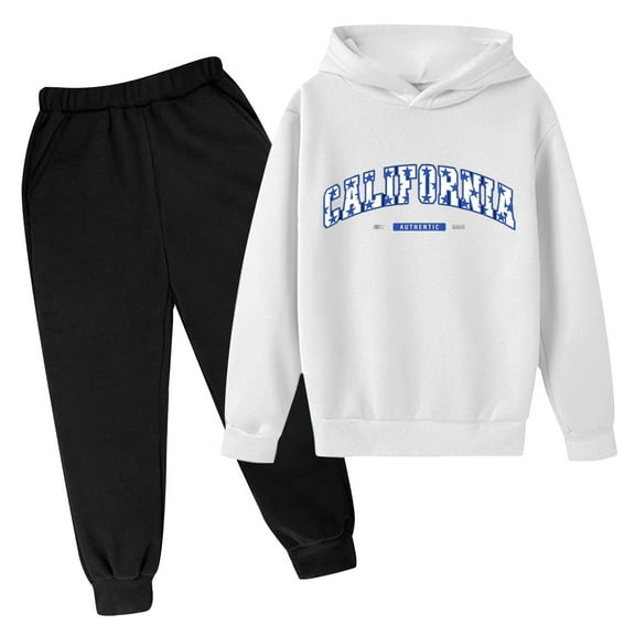 LEKDFST Boys Tracksuit Fall Winter Long Sleevee Hoodie Set Letter Print Jogger Pants Set Casual Athletic Outfits Set White 13-14 Years