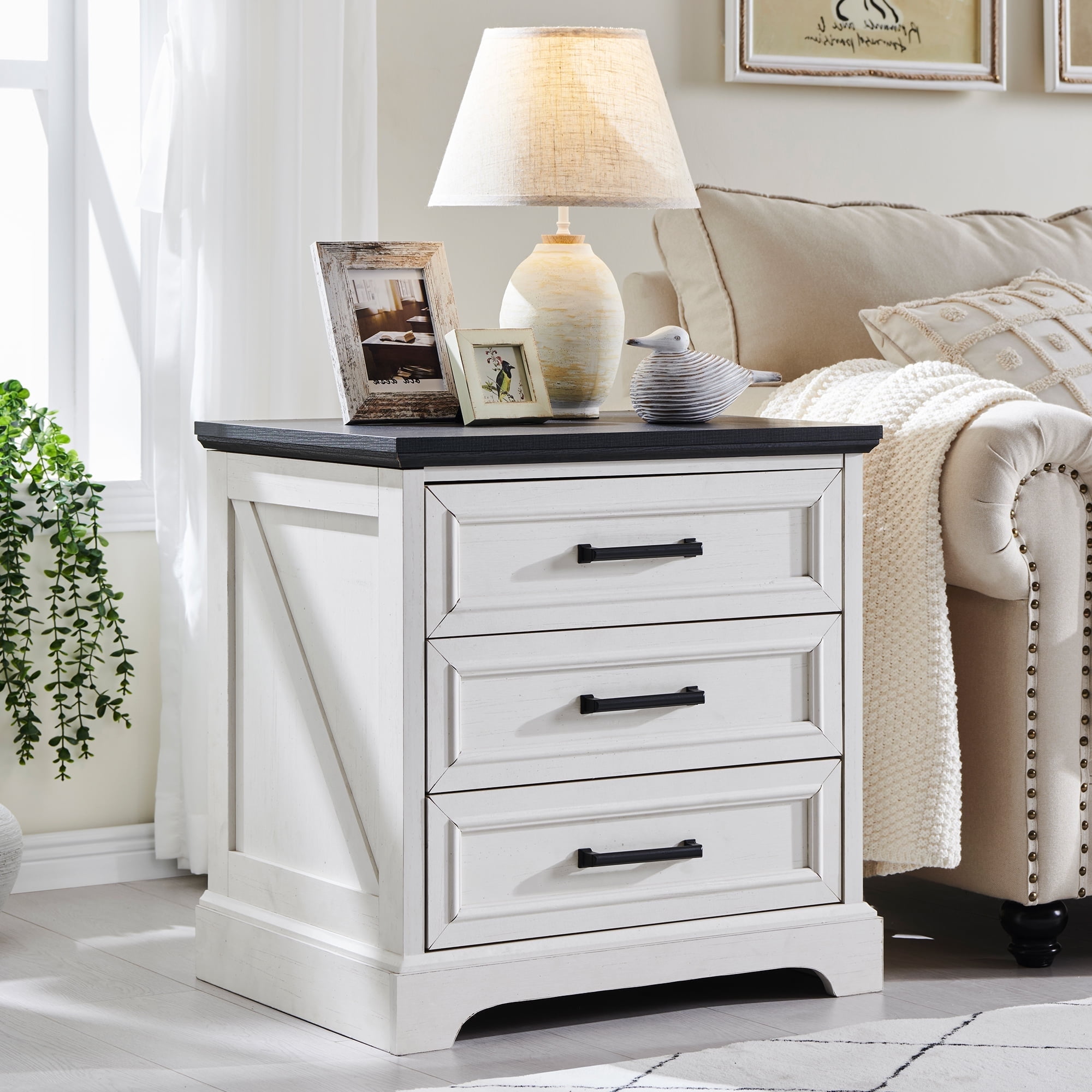 ACCOHOHO Rustic 3 Drawers Nightstand with Charging Station, 24" Wide Wood Farmhouse Night Stand with Drawers for Bedroom, Living Room, White