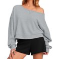 thumbnail image 4 of Solid Color Spring Fall Long Sleeve Off Shoulder Casual Crop Sweatshirt, 4 of 6
