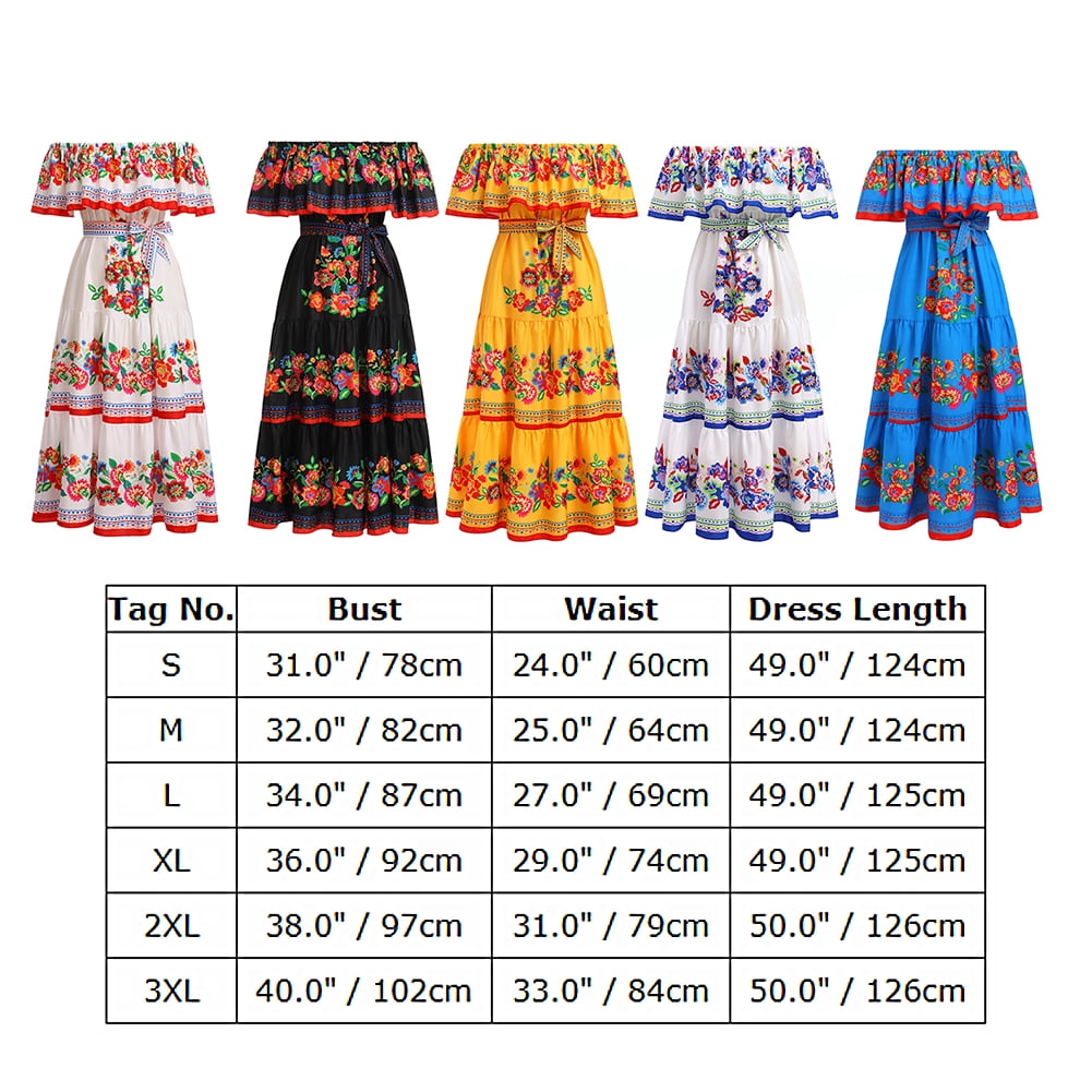 IBTOM CASTLE Women's Mexican Dress Floral Print Smocked Traditional Wear Off Shoulder Beach Holiday Party Long Maxi Dresses M Black