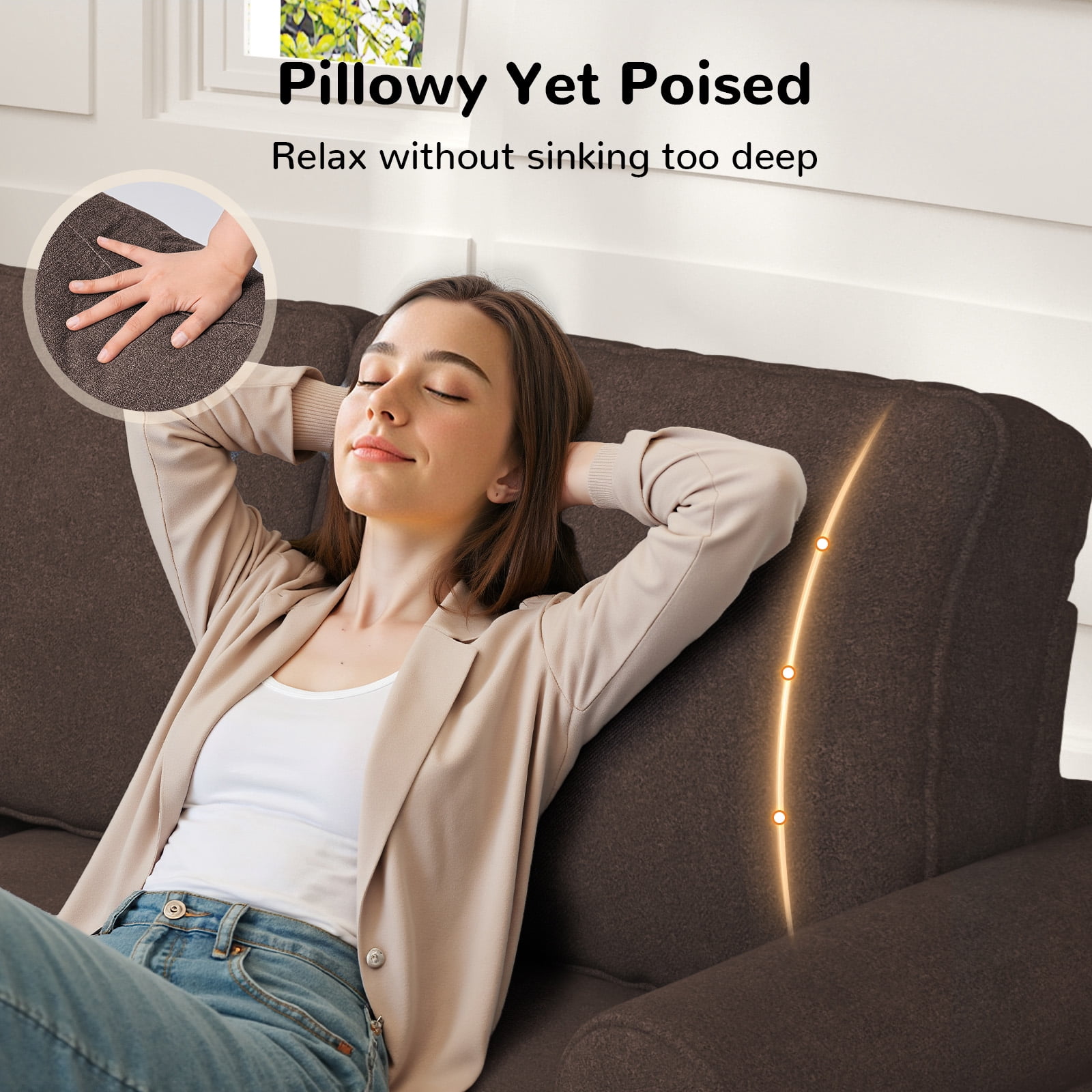Patbrela 87" Sofa Couch, Comfy Extra Deep Seat 3 Seater Couch for Living Room with Soft Upholstered Round Arms, Free 2 Pillows, Brown
