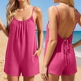 thumbnail image 2 of MuXiKeJi Clothes Linen Rompers for Women Casual Sleeveless Halter Short Overalls Spaghetti Strap Shorts Jumpsuit with Pockets, 2 of 7