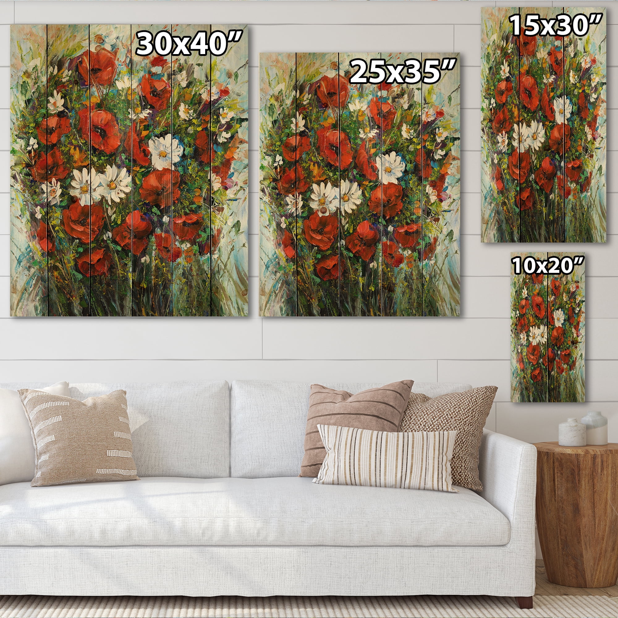Designart 'Bouquet Of White and Red Wildflowers' Traditional Print on Natural Pine Wood