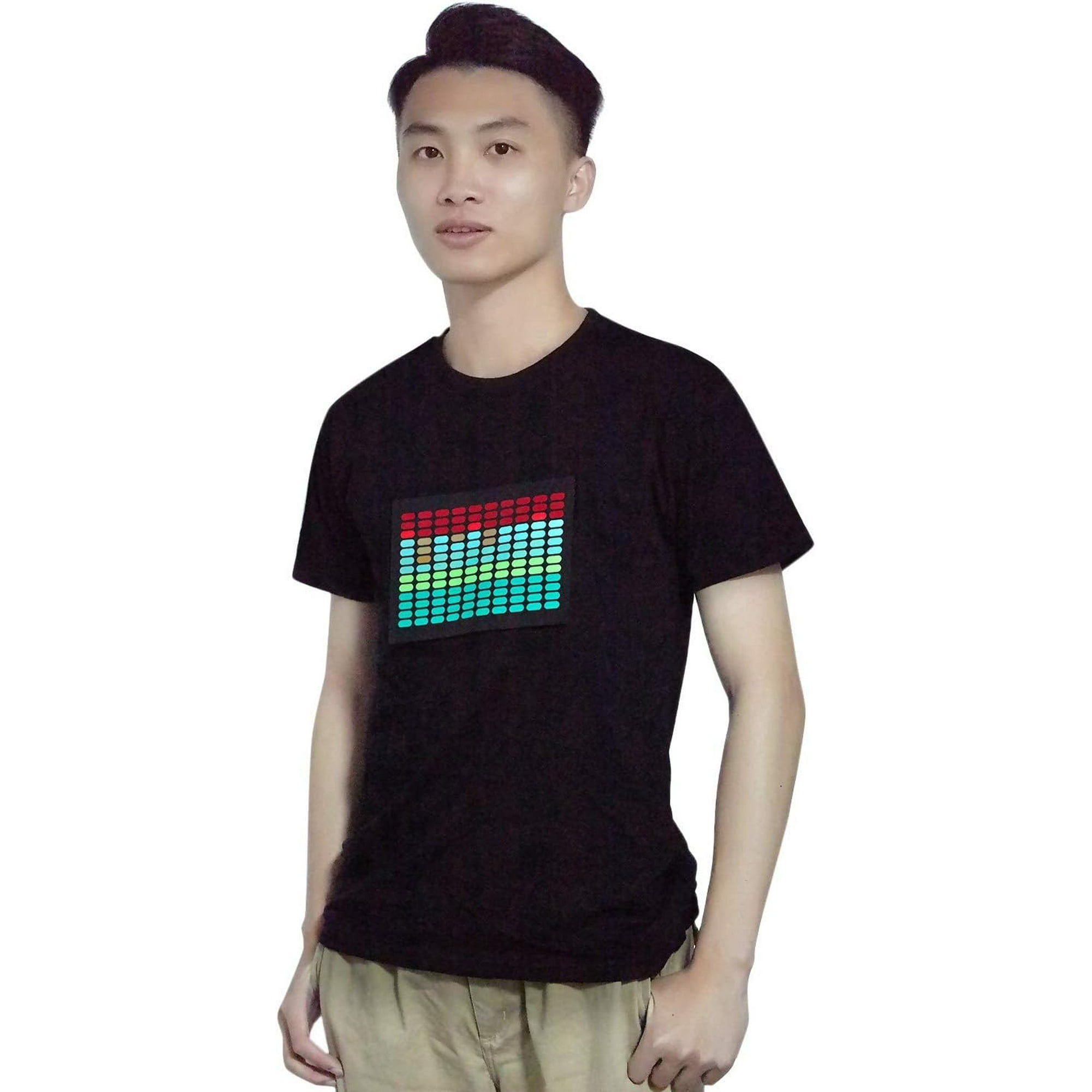 Wekity Men Sound Activated Led T Shirt Light Up Flashing Rock Disco Equalizer Short Sleeve Led T Shirt M Black 0619