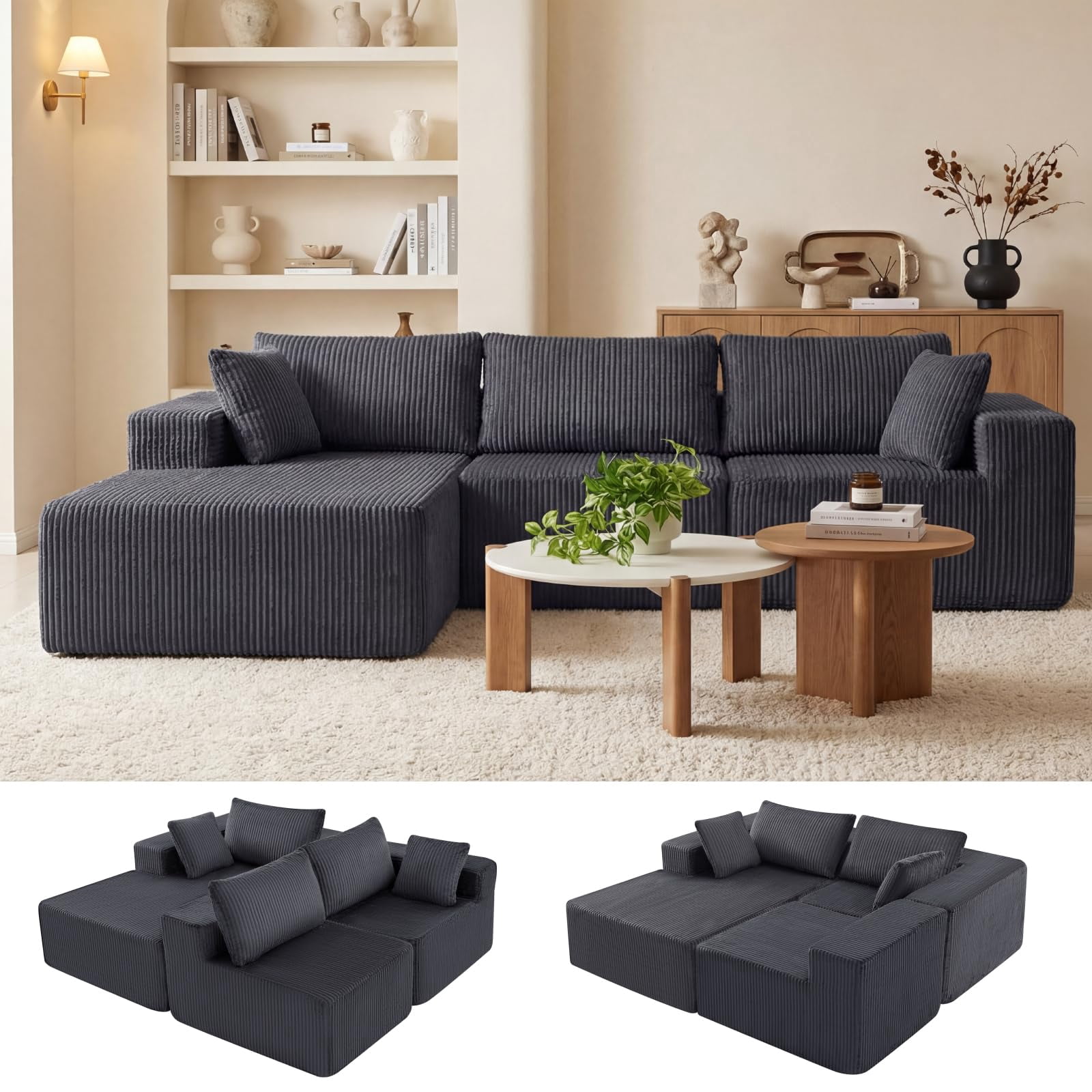 Aukfa 107" Modular Sectional Sofa, Corduroy Upholstered Deep Seat Couch with Left Chaise, Convertible Sleeper, Dark Gray