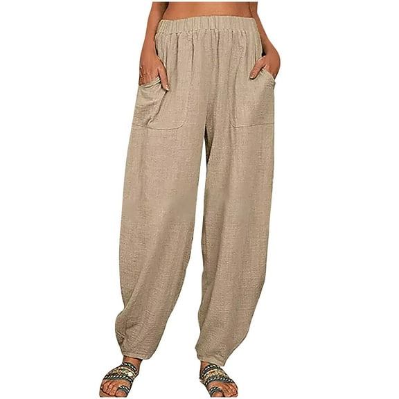 XFLWAM Women Fashion Solid Loose Harem Pants Capri Baggy Pants Casual Linen Long Pants Brown M