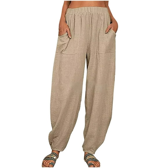 Mrat Cargo Pants for Women Summer Casual Loose Cotton Linen Double Knee Pants Paper Bag Pants Pocket Solid Trousers Pants Khaki M