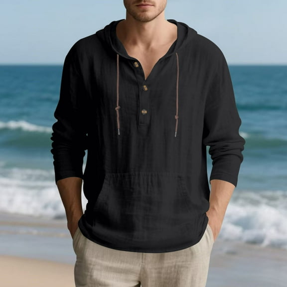 Yusimy Men's Casual Beach Long Sleeve Hoodie - Pullover Style, Drawstring Hood, Half-Button Henley & Functional Pockets