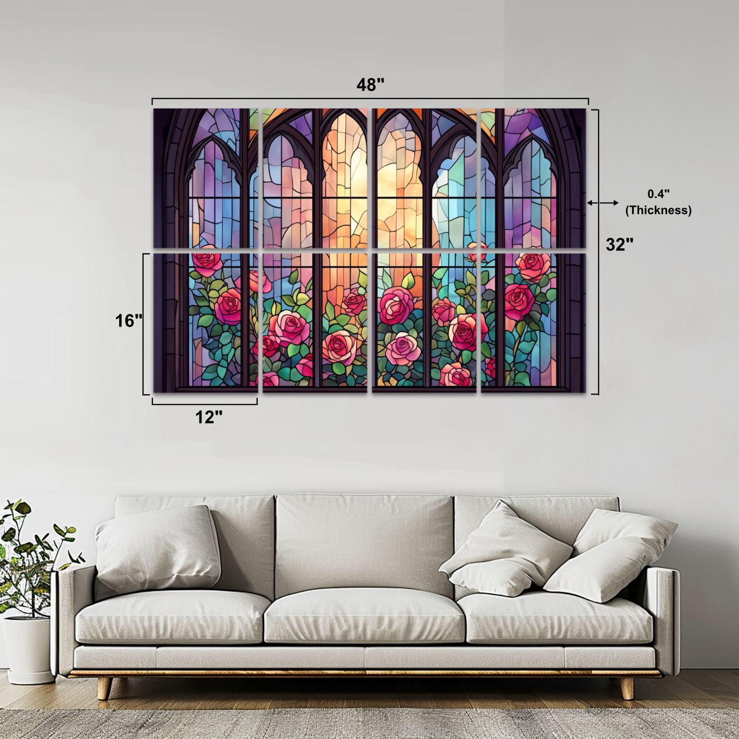 Stained Glass Style 8 Pack Art Acoustic Panels Sound Absorbing Window Pink Roses Vibrant Decorative Soundproof Wall Panels Self Adhesive for Nursery Game Room Bedroom 48"x32"