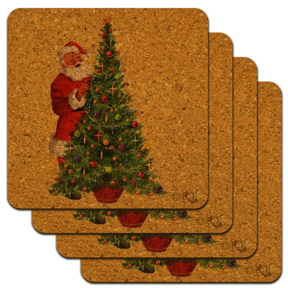 Christmas Holiday Santa Decorating Tree Low Profile Novelty Cork Coaster Set