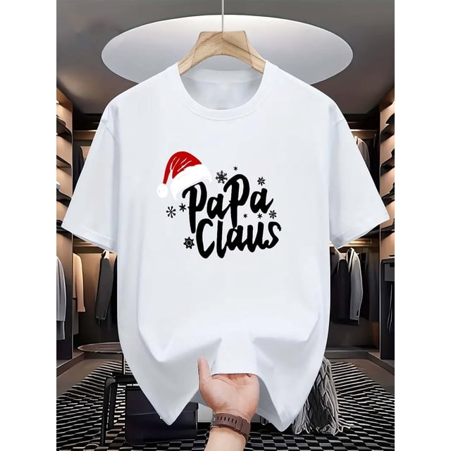 Christmas Papa Claus Print, Men's Round Crew Neck Short Sleeve Tee, Casual T-Shirt, Casual Comfy Lightweight Top For Summer