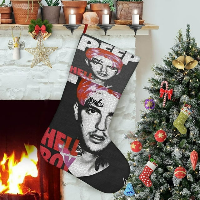 Lil Peep Tema: Calcetines de Navidad, fino lino blanco para colgar en escaleras y chimenea, decoración navideña para el hogar, regalo de Navidad. 45cm × 32cm