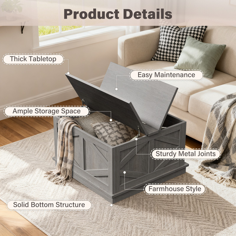Vineego 31.5 Inch Farmhouse Square Coffee Table with Hinged Lift Top, Hidden Storage Compartment,Gary