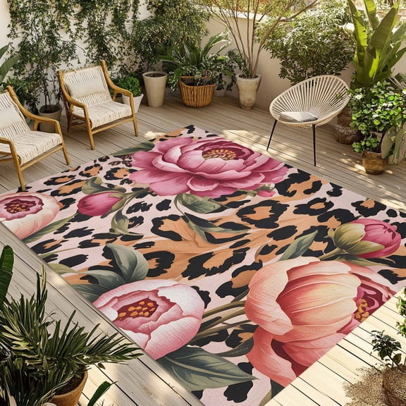 Pink Flowers Outdoor Rug for Patio/Deck/Porch, Non-Slip Large Area Rug 5 x 7 Ft, Leopard Spot Vintage Floral Country Plants Indoor Outdoor Rugs Washable Area Rugs, Camping Rug Carpet Runner