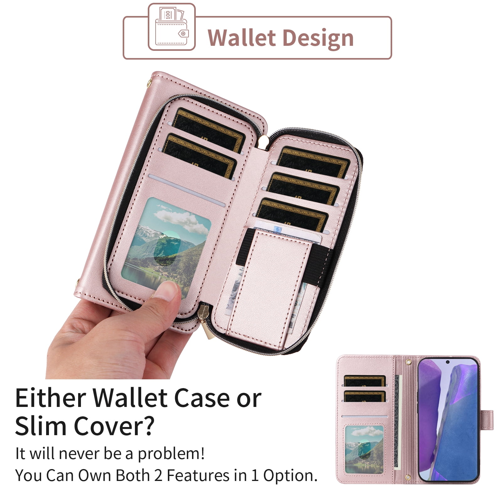 Furiet Wallet Case for Samsung Galaxy Note 20 5G with Wrist/Shoulder Strap, Card Slots Zipper Purse, Luxury PU Leather Stand Cell Phone Cover for Note20 Notes 20s Twenty Not S20 Women Rose Gold