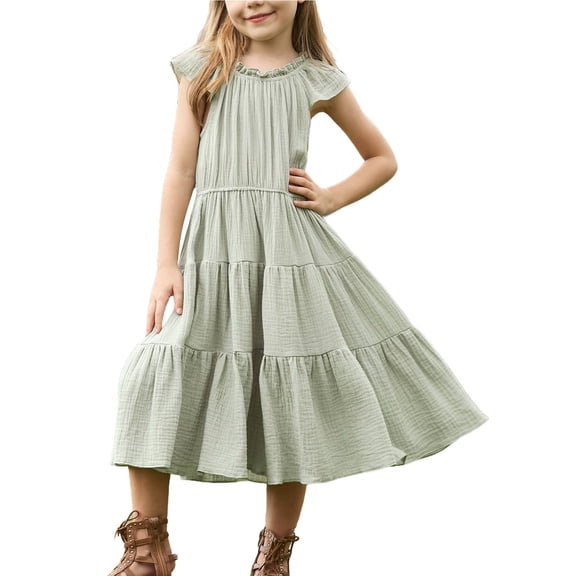 EnJoCho Girls Dresses Flutte𝗿 Sleeve A-Line 𝗦undress Ruffl𝖾 Sleeve Boho Dress Casual Summer Tiere𝖽 Swing Dress Toddler Smoc𝗄ed Dresses