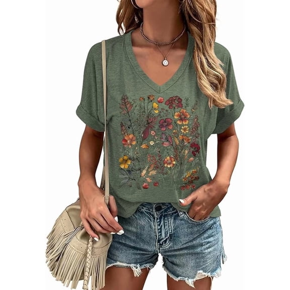 Scgirl Womens Short Sleeve V Neck Wildflower T Shirts USA American Flag Graphic Tee Tops