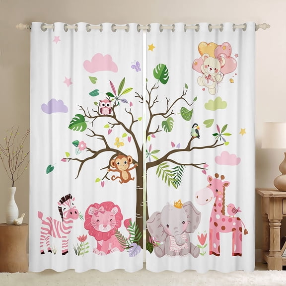 Feelyou Kawaii Zoon Animal Curtains Pack of 2 (42x84 Each), Pink Lion Giraffe Elephant Curtains Blackout, Teen Kid Boy Girl Bedroom Curtains, Window Curtains Home Decor