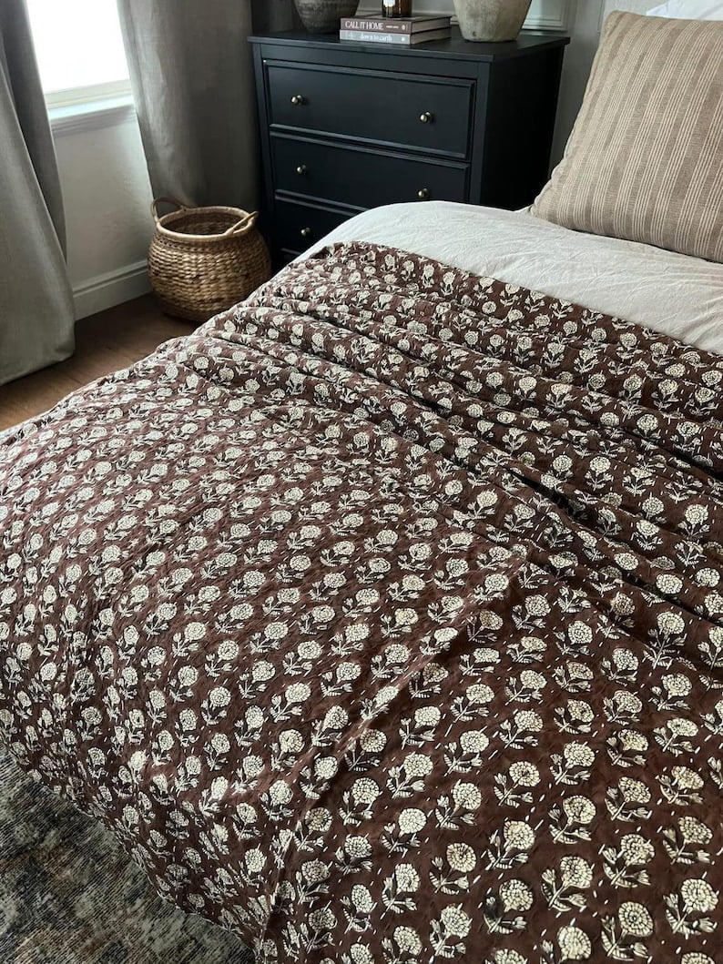 A And E Textiles House Brown Indian Block Print Kantha Quilt - Handmade, Cozy Throw Blanket