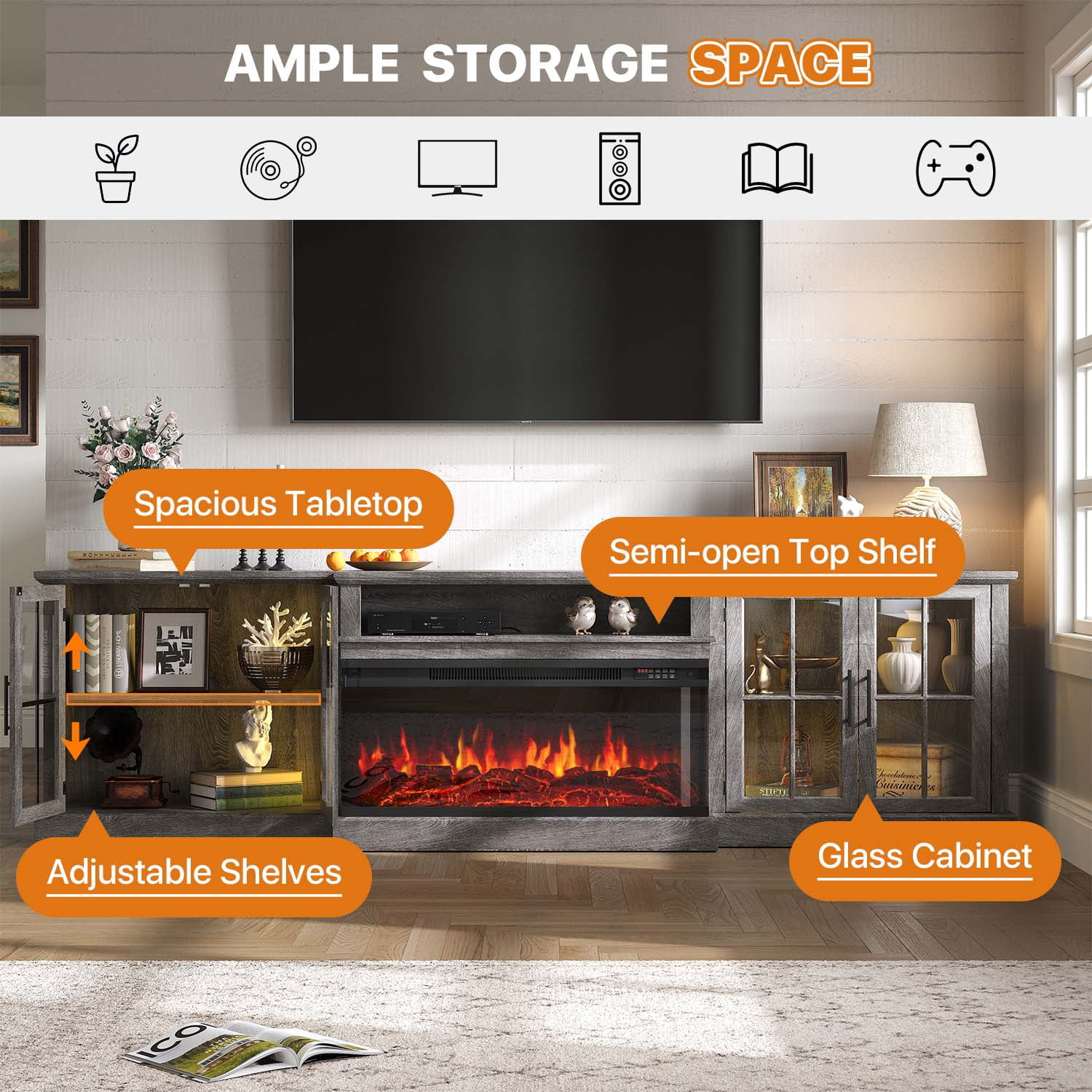 BaPiPro 98" Farmhouse TV Stand with 36" Electric Fireplace, Large Media Entertainment Center for TVs up to 100", Fireplace TV Stand with Storage Cabinets for Living Room, Gray