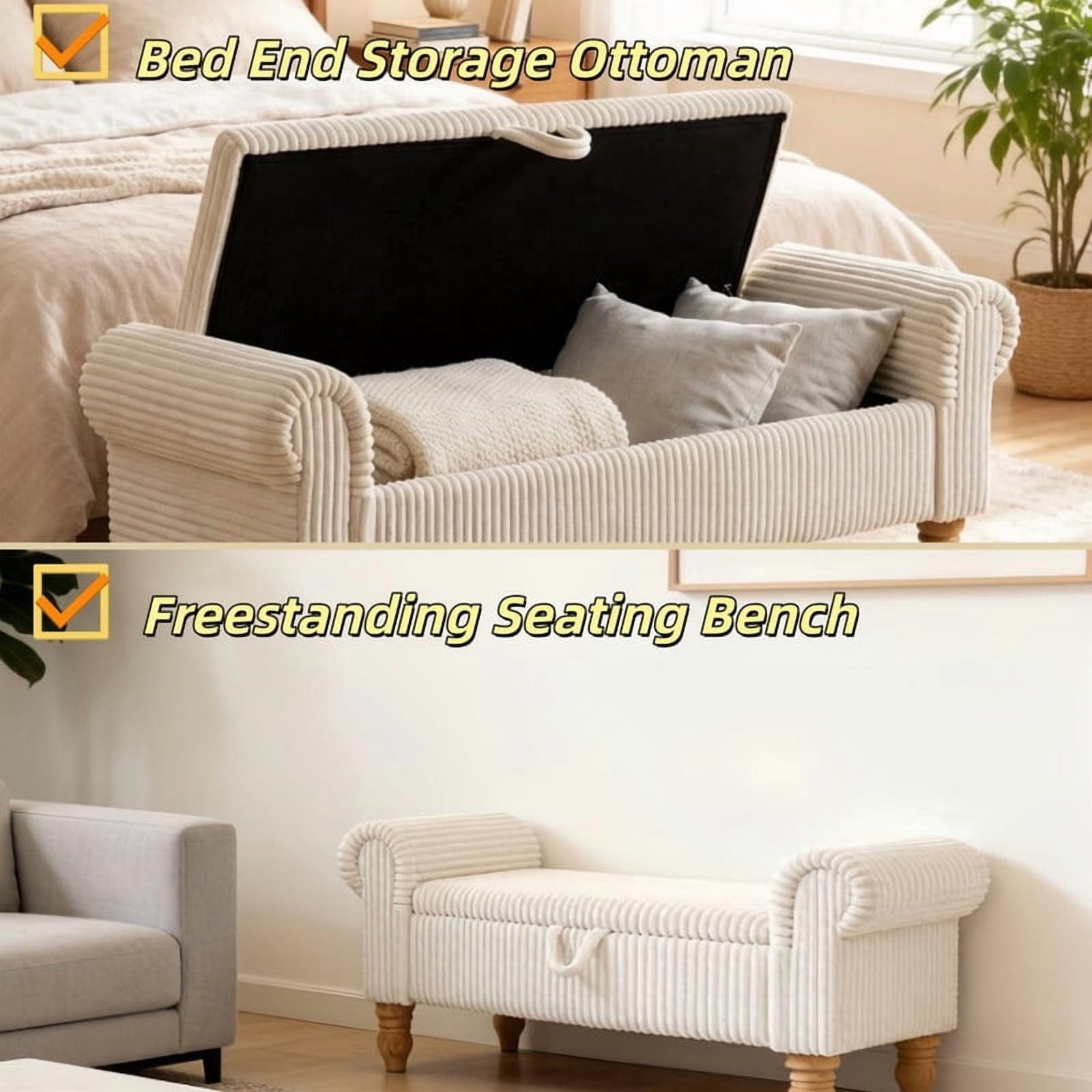 51.5'' Upholstered Storage Ottoman Bench with Hinged Lid, Freestanding Corduroy Bed End Bench, Hidden Storage Footrest