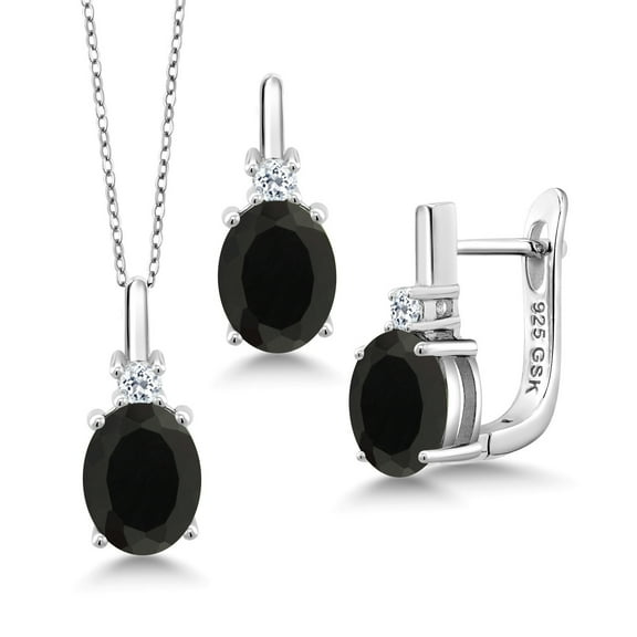 Gem Stone King 925 Sterling Silver Oval Black Onyx and White Topaz Pendant and Earrings Jewelry Set for Women (4.97 Cttw, Gemstone Birthstone, with 18 inch Silver Chain)