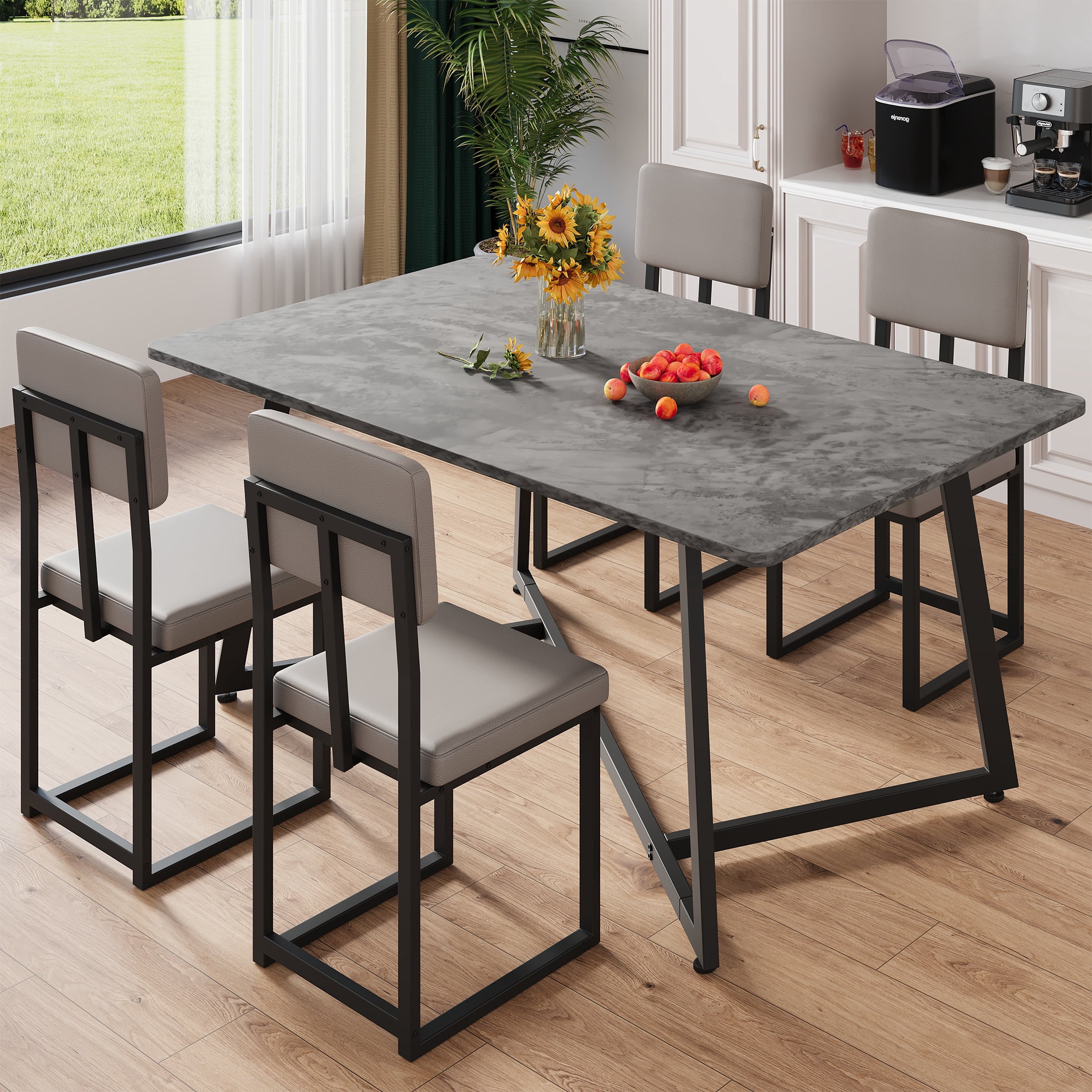 PORKISS 5 Piece Dining Table Set, Modern Faux Marble Tabletop and 4 PU Leather Upholstered Chairs, Rectangle Kitchen Table and Chairs for 4, Gray + Gray(PU)