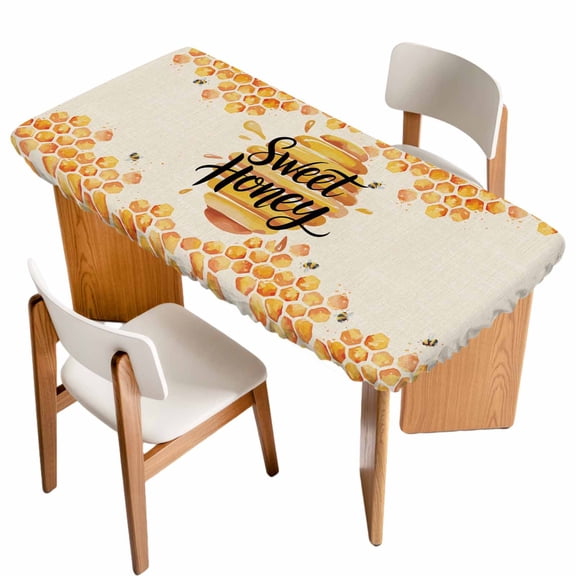 Spring Honey Bee Table Cloths for 5 Foot Rectangle Tables, Watercolor Bee Farmhouse Patio Waterproof Elastic Fitted Tablecloths, Washable Rectangular Table Cover for Camping