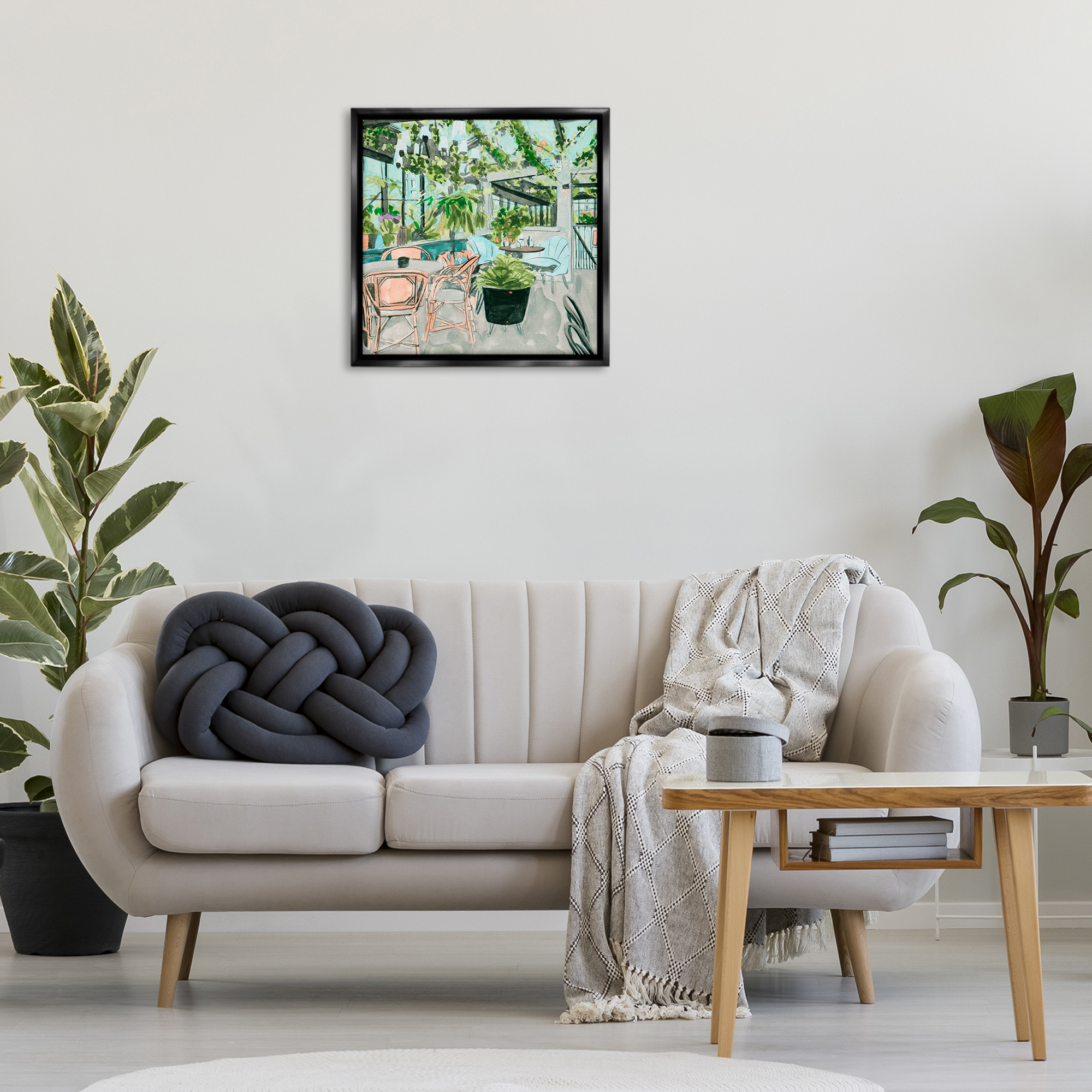 Stupell Industries Plant Filled Bistro Furniture Painting Black Floater Framed Canvas Art Print Wall Art, 25 x 25