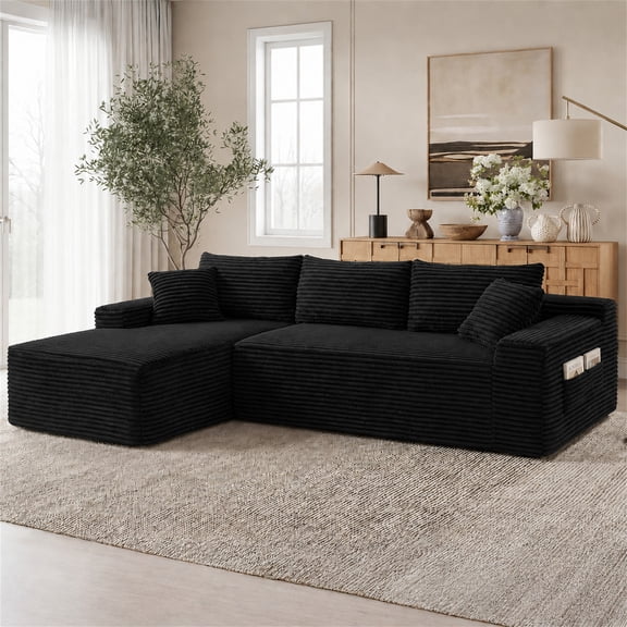 Aukfa 95" Cloud Sectional Sofa Deep Seat Boneless Couch Modular L-Shaped Couch, Left Chaise Corduroy Sofa for Living Room, Black