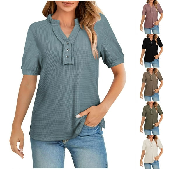 breaise Women 2025 Summer Henley Tunic Top V Neck Short Sleeve Waffle Shirts Slim Fit Casual Ribbed Knit Shirt Blouses Black,L