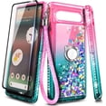 thumbnail image 6 of Nagebee Phone Case Compatible for Google Pixel 7a (2023) with Tempered Glass Screen Protector, Sparkle Glitter Flowing Liquid Waterfall [Ring Holder & Wrist Strap] Girls Women Cute (Pink/Aqua), 6 of 6