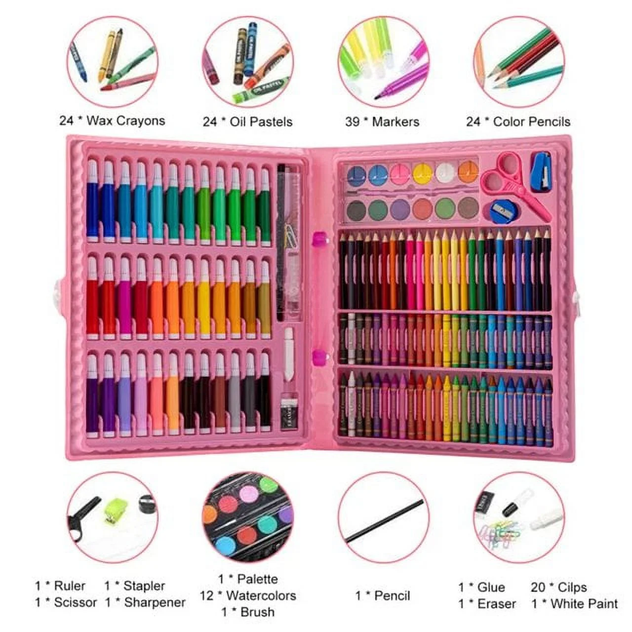 Art Kit, PandaTop Drawing Painting Art Supplies for Kids Girls Boys Teens, 150 Piece Deluxe Art Set Toys for Girls & Boys, Gifts Art Set Case Includes Oil Pastels, Crayons, Colored Pencils (Pink)