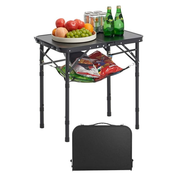 VEVOR Folding Camping Table, Adjustable Height Portable Side Tables, Aluminum MDF Beach Table with Mesh Layer, Carrying Handle, Lightweight Compact for Outdoor Picnic BBQ Cooking,24x16in,Black