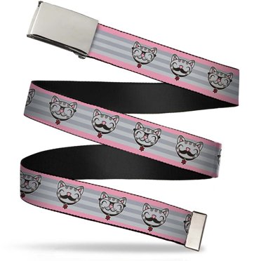 Adjustable Belt, Clamp Buckle, Cut-to-Fit, Soft Kitty Nerd Mustacho Expressions Stripe Grays