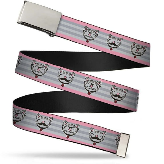 Adjustable Belt, Clamp Buckle, Cut-to-Fit, Soft Kitty Nerd Mustacho Expressions Stripe Grays