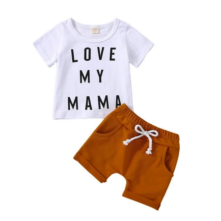 

hirigin Newborn Boy Short Pants Outfits Short Sleeve Letter Printed Crew Neck T-Shirt + Elastic Waist Tie-Up Shorts Set