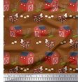 thumbnail image 1 of Soimoi Tissu Satin Modal Imprimé Ferme Hutte, Œuf & Poule au Mètre 42 Pouces de Large, 1 of 3