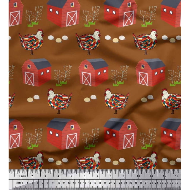 Soimoi Tissu Satin Modal Imprimé Ferme Hutte, Œuf & Poule au Mètre 42 Pouces de Large