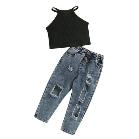 

Kids Child Toddler Baby Girls Sleeveless Ribbed Vest Tops Patchwork Jeans Pants Outfits Set Clothes Checke Top and Bottom Long Sleeve Baby Girl Pajamas Baby Girl Outfit Set Pant Outfit Newly Born